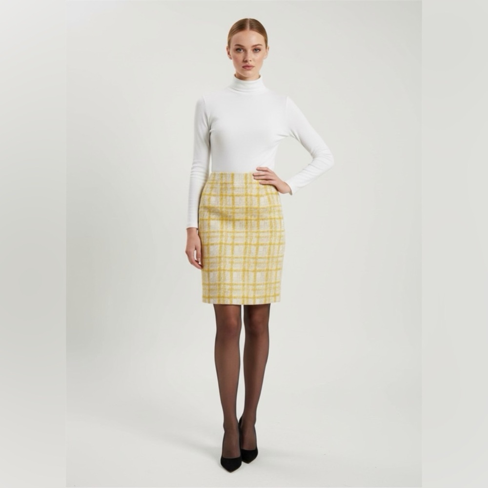 Talbots Yellow and Cream Plaid Pencil Skirt